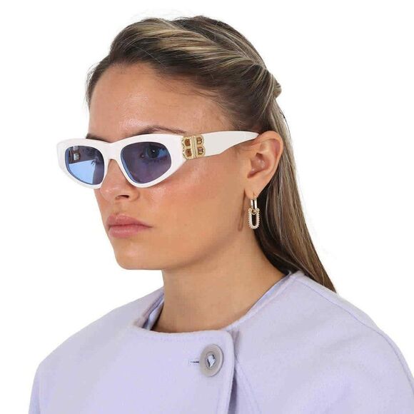 NEW Balenciaga BB0095S 004 White Gold Logo Light Blue Cat Eye Unisex Sunglasses - Picture 1 of 13